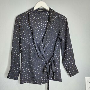 Zara black and gold polkadot tie blouse